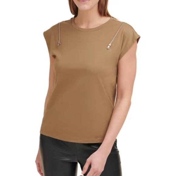 NWT DKNY zip Shoulder Tan S/S Tee Large